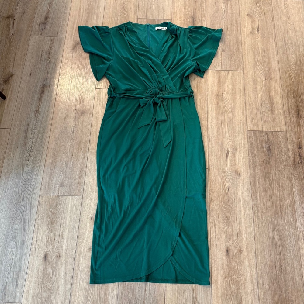 Grace Karin XL Emerald Green Wrap Midi Dress Short Sleeve Belted